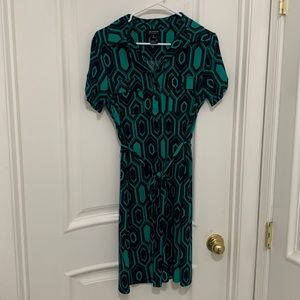 Stretchy and comfortable blue and teal midi dress, sz 8